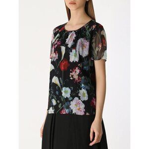 St John Couture Short‎ Sleeves Sz S Black Floral Print SILK Sleeveless Lined